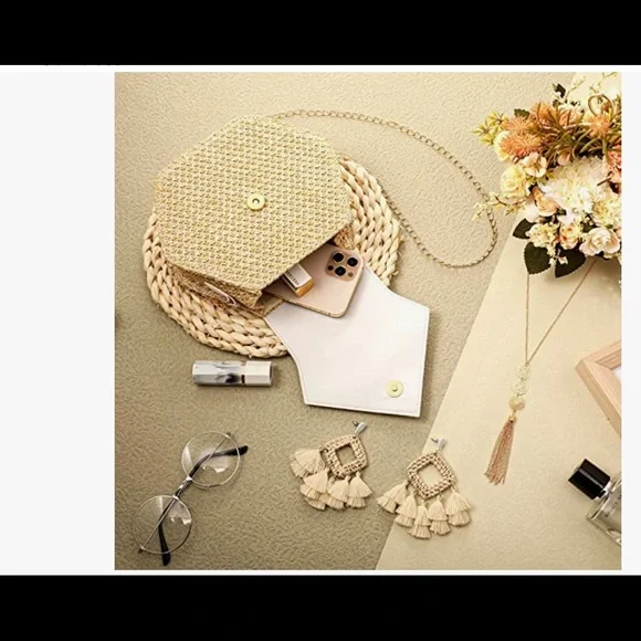 🔥 3 Pieces Women's Crossbody Straw Bag Bohemia Tassel Earrings and Necklace - Picture 4 of 5